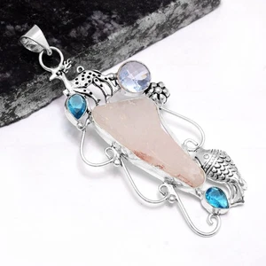 Raw Rose Quartz Blue Topaz Ethnic Handmade Gift Pendant Jewelry 3.4" P-422 - Picture 1 of 1