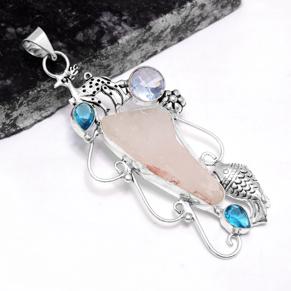 Подарочная подвеска из необработанного розового кварца с голубым топазом этническая ручная работа ювелирные изделия 3,4 дюйма P-422 - Изображение 1 из 1