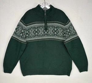 LL Bean Nordic Sweater Mens XL Dark Green Fair Isle Geometric 1/4 Zip Heavy Knit - Picture 1 of 14