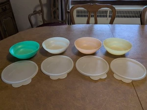 Vintage MCM Tupperware Lot 4 Cereal Bowls With Lids 155 Green Yellow Pink White - Picture 1 of 11