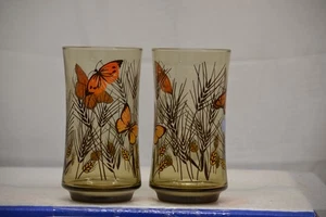2 VINTAGE LIBBY 5 1/2" TALL TUMBLERS SMOKE GLASS W/ BUTTERFLIES & WHEAT - Picture 1 of 1