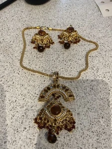 Gold and Brown Indian Style Earring and Necklace Set Party Wedding - Picture 1 of 7