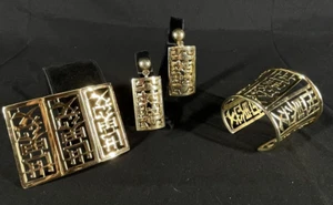 NAPIER 3 Piece Chinese Calligraphy Cuff Bracelet Brooch Earrings Set Parure - Picture 1 of 16