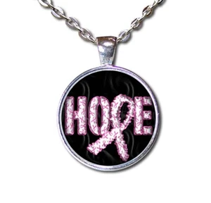 Breast Cancer Awareness Pink Ribbon HOPE - Handmade ROUND Glass Pendant Necklace - Picture 1 of 10