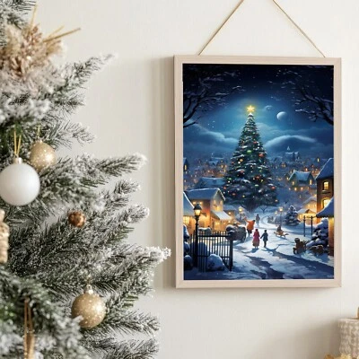Рождественский красочный плакат с елкой, деревня на рождественскую ночь, художественный настенный декор - Изображение 1 из 4