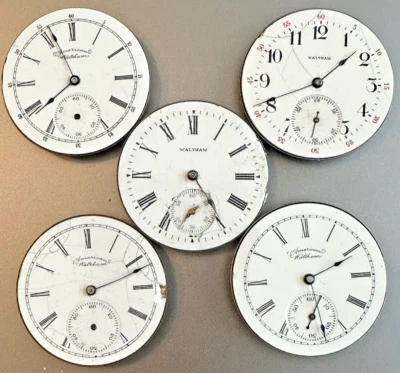 Lot of 5  6 Size AM WALTHAM Pocket Watch Movements  For Parts Repair C-57 - Image 1 of 4