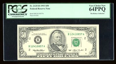 DBR 1993 $50 FRN New York Fr. 2125-B PCGS 64 PPQ Serial B12410857A - Image 1 of 2