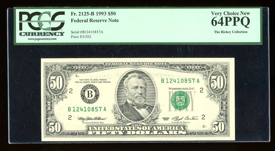 DBR 1993 $50 FRN New York Fr. 2125-B PCGS 64 PPQ Serial B12410857A - Image 1 of 2