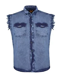 Herren königsblau 100 % Baumwolle Stonewash ärmellos abgeschnittenes Hemd ausgefranste Ärmel - Bild 1 von 4