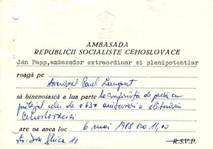 Romania, 1988, Vintage Press Conference Invitation - Embassy of Czechoslovakia - Picture 1 of 1