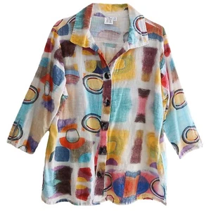 Parsley & Sage Size 1X Artsy 100% Cotton 3/4 Sleeve Collared Blue Yellow Top - Picture 1 of 8