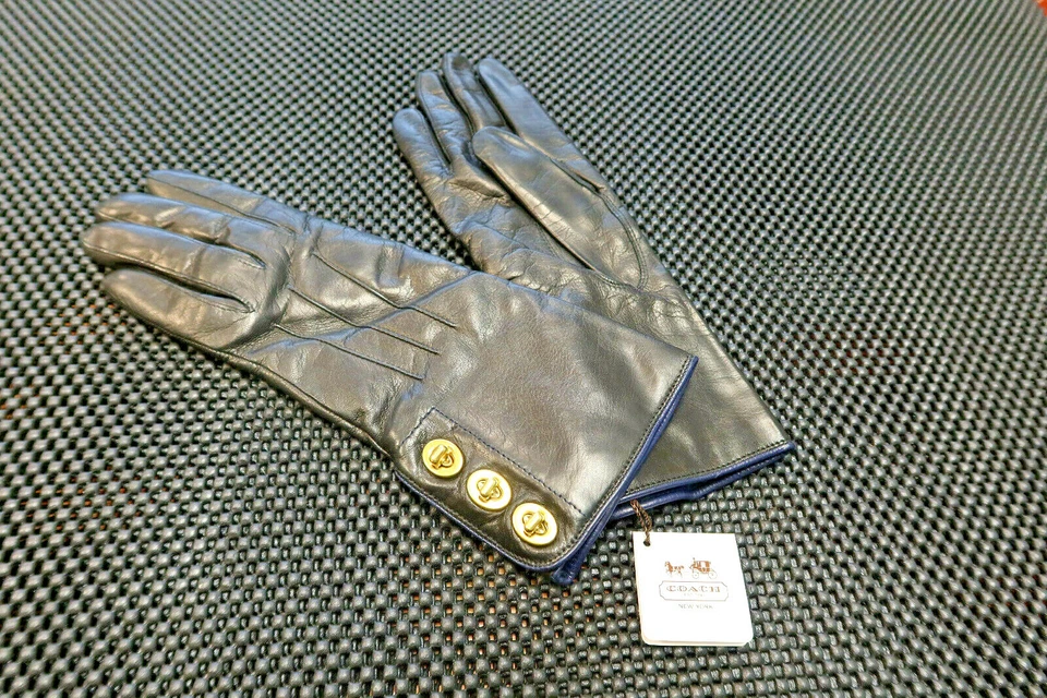 Coach Women's Leather Black Gloves Turnlock Cashmere Lined 82825 sz 7.5