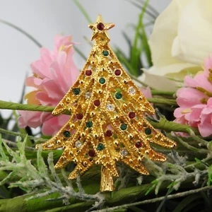 Spilla natalizia vintage tono oro rosso verde strass 2" - Foto 1 di 3