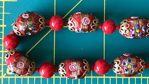 Vintage Murano venezianische Hochzeitstorte GOLD & ROT rosa Kunst Glasperlen 17" HALSKETTE - Bild 1 von 6