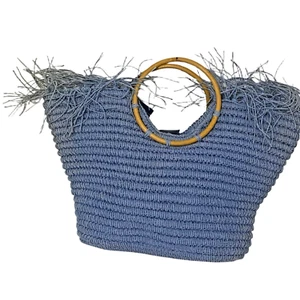 Semi-circle Straw Bag, Hand-woven Women Summer Retro Beach Tote Shoulder Blue - Picture 1 of 10
