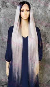 Dark Grey/Black Super Long Straight Heat OK Lace Front Human Hair Blend Wig EVFC - Picture 1 of 7