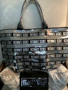 VICTORIA’S SECRET TOTE IN SILVER & BLACK METALLIC/SEQUINS!! NWTGS!! - Picture 1 of 12