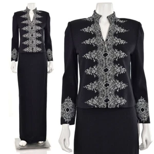 St. John Evening 2Pc Black Embroidered Crystal Jacket/Blazer & Skirt Suit sz 2/4 - Picture 1 of 12