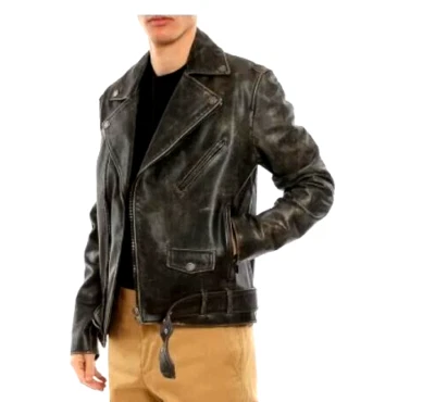 Chaqueta de cuero genuina de piel de búfalo para motociclista para hombre estilo Brando negra Foto 1 de 4