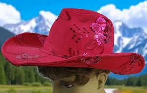Red Sequined Western Cotton Cowgirl Hat Floral Stitched Size 7 3/8 - Picture 1 of 9