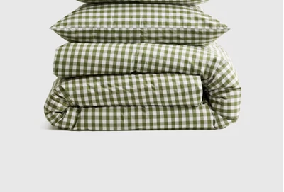 NWT QUINCE CLASSIC ORGANIC PERCALE DUVET COVER SET  W/PC TWIN OLIVE GINGHAM $90 - Image 1 of 4