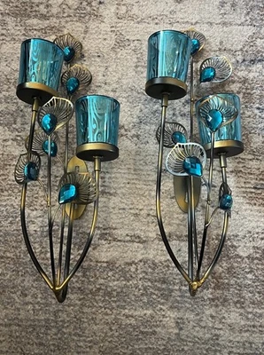 2 Beautiful PEACOCK BLUE PLUME MULTITONES SCULPTURED WALL SCONCES 14.5”tall EUC  - Image 1 of 4