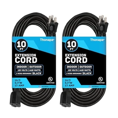 Thonapa 2 Pack of 10 Ft Black Extension Cords - 16/3 Heavy Duty Outdoor - Image 1 of 4