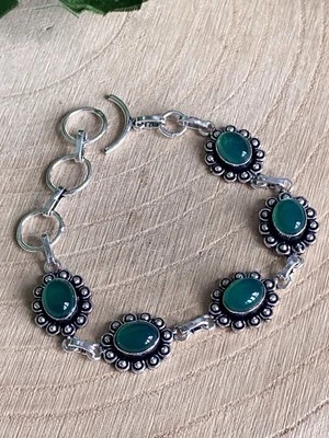 Pulsera de Ónix Verde Plata de Ley 925 Chapada Verde Piedras Preciosas Flor Retro Boho Foto 1 de 2