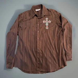 VIP Clothing Shirt Men's Size 2XL Button Up Rhinestones Embroidery Brown - Picture 1 of 4