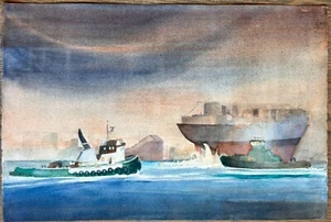 RICH BUCHWALD Original Watercolor Painting Foss Tug Boat Harbor Maritime Ships - Picture 1 of 3
