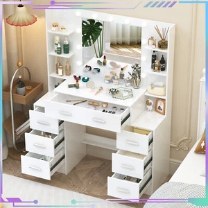 White Dresser Desk with 11 LED Lighted Mirror and 7 Drawers Makeup Table - Picture 1 of 9