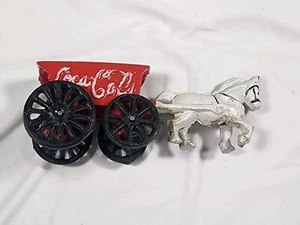 Vintage Cast Iron Coca-Cola Wagon-White Horse-Red Wagon- Black Wheels - Picture 1 of 4