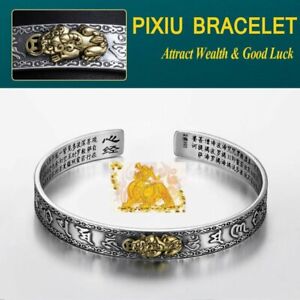 Silver Attract Wealth Good Luck Feng Shui Pixiu Bracelet Cuff Wristband Gift