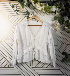 ZARA blusa donna bianca trasparente con bottoni manica lunga scollo a V boho taglia XL - Foto 1 di 7