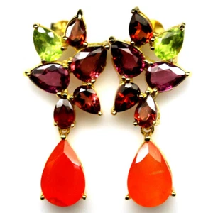 925 Sterlingsilber 8 x 12 Mm. Orange Karneol, Rhodolith & Peridot Ohrringe - Bild 1 von 4