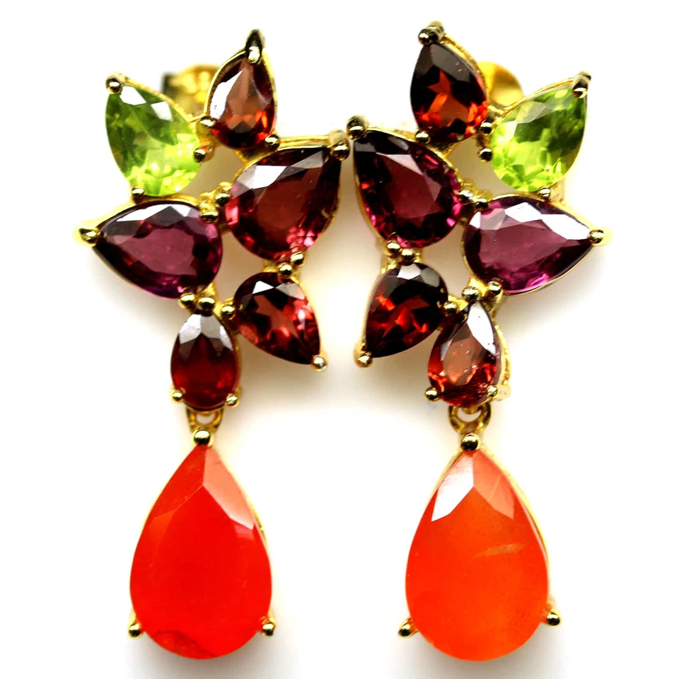 925 Sterlingsilber 8 x 12 Mm. Orange Karneol, Rhodolith & Peridot Ohrringe - Bild 1 von 4