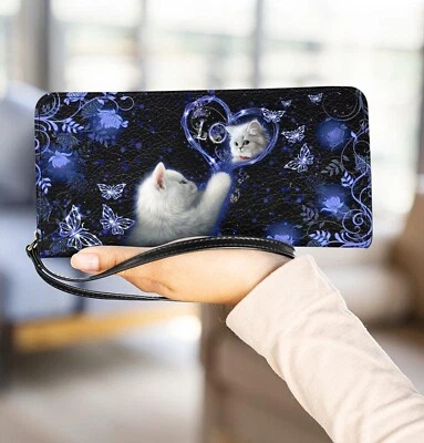 Cartera sin asas personalizada de cuero PU para gatos y mariposas blancas, billetera para amantes de los gatos Foto 1 de 2