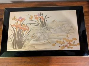 Black Laquer Jewelry Music Box Etched Metal Swans Japan plays Evergreen Vintag - Picture 1 of 8