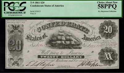 T-9 $20 1861 Confederate Currency CSA Civil War - Graded PCGS 58PPQ - Image 1 of 2