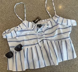 EXPRESS New White/Blue Pinstripe Ruffled Peplum Strappy Cami Crop Top $54 NWT XL - Picture 1 of 8