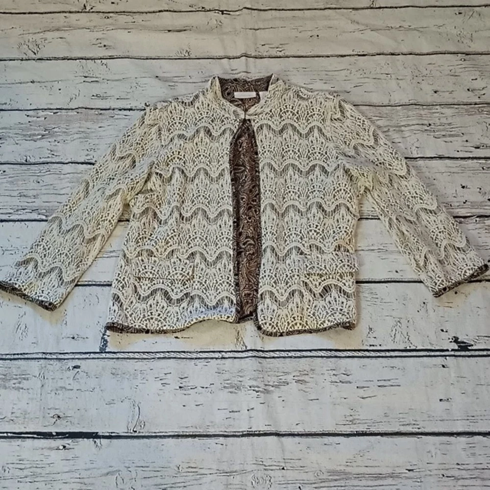 Blazer Chaqueta Abierta Chico's Marfil Negro Tostado Encaje Superpuesto 3 XL Foto 1 de 4