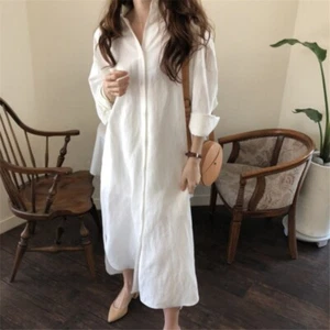 Women Cotton Lapel Shirt Dress Long Sleeve Maxi Dress Button Loose - Picture 1 of 16