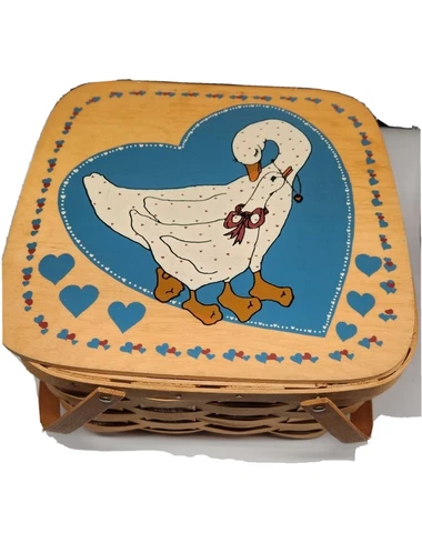 Basketville Putney Vermont Country Geese Painted Top Wood Woven Basket Cover