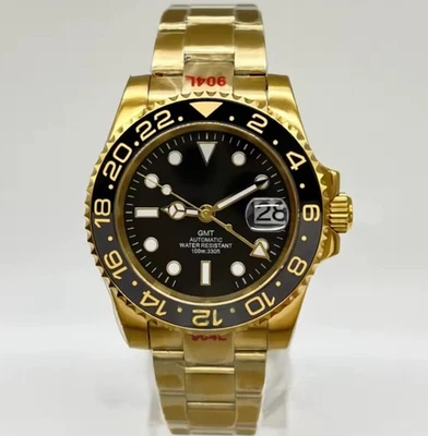 ИНДИВИДУАЛЬНЫЙ NH34 ЧАСЫ MOD ЗОЛОТО ЧЕРНЫЙ GMT 40 ММ АВТОМАТИЧЕСКИЙ СЕРЕБРЯНЫЙ ВОДОЛАЗ 100 М ВОДОЛАЗА - Изображение 1 из 3