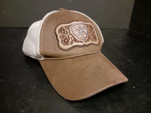 Ariat Snapback Leather Buckle Patch Ball Cap Trucker Hat Brown White Great Shape - Picture 1 of 9