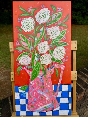 Blue White Checkered White Flowers Still Life Original Folk Art Painting Acrylic - Image 1 of 4