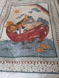 Vintage Noah’s Ark Baby Unisex Nursery Blanket Hearts 33x41 - Picture 1 of 7