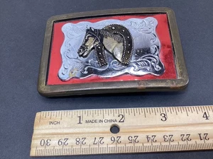 Vintage Western Belt Buckle Horse and Horseshoe Gold and Silver Tones 3.5" x2.5" - Picture 1 of 4