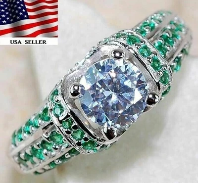 2CT Treated Emerald & Topaz 925 Solid Sterling Silver Ring Sz 7 MM1-9 - Image 1 of 4