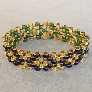 Brazalete reversible Estate de eslabones esmaltados azules y verdes en oro amarillo de 14K de más de 7" - Imagen 1 de 9
